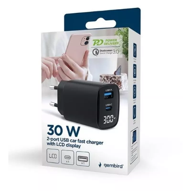 Mobiele oplader Gembird TA-UC-PDQC30LCD-BK-01 snelopladen zwart