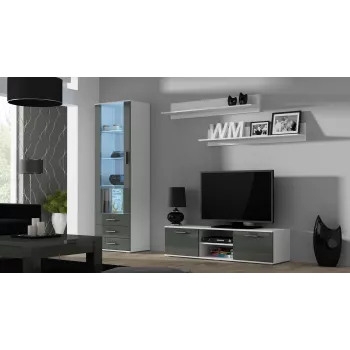 Tv-standaard cama meble SOHO 140 — 1400×430×370 mm, witte bovenzijde, spaanplaat, wit frame, wit/grijs glanzend
