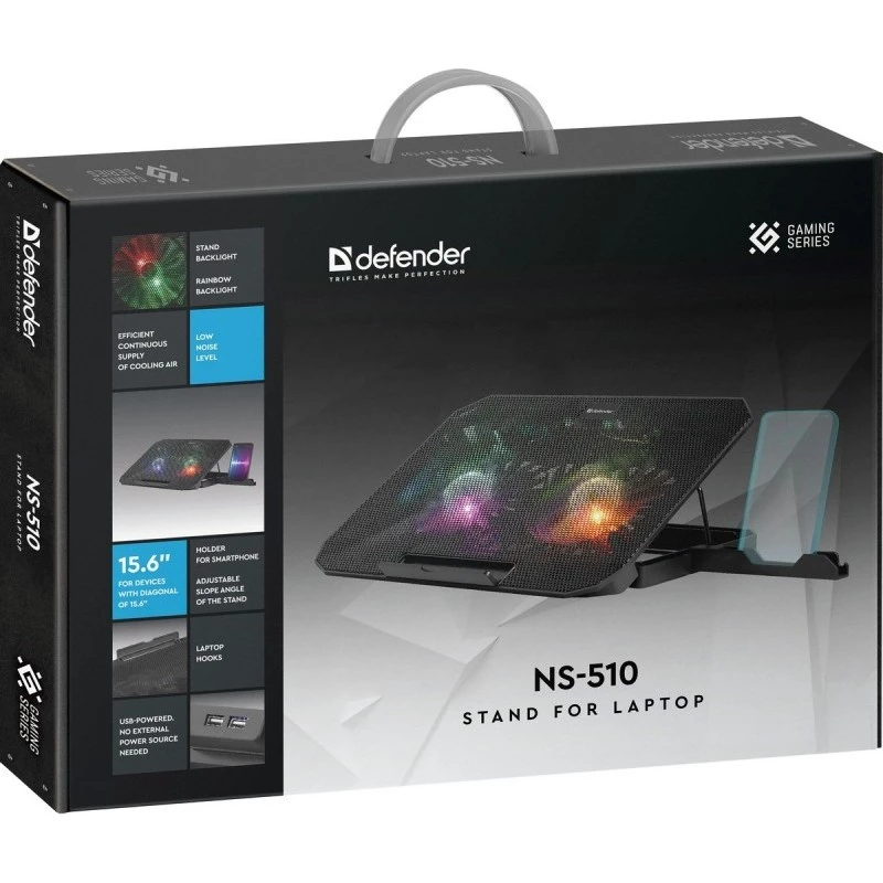 Laptop-koelpad DEFENDER NS-510 met 2 ventilatoren, 2×USB-aansluitingen en RGB-verlichting