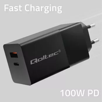 Qoltec 52382 GaN POWER PRO oplader | 1xUSB Type C | 1xUSB A | 100W | 5-20V | 1.5-5A | PD | zwart