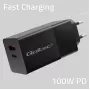 Qoltec 52382 GaN POWER PRO oplader | 1xUSB Type C | 1xUSB A | 100W | 5-20V | 1.5-5A | PD | zwart