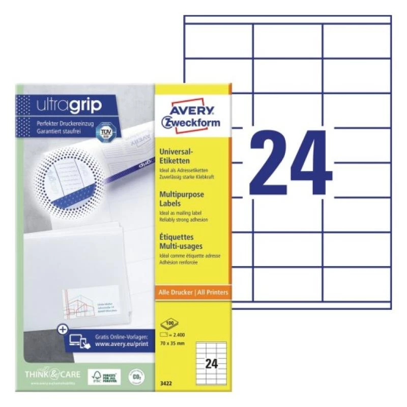 Universele etiketten 70x35mm inkjetlaserkopie A4 100 vel 2400 stuks wit