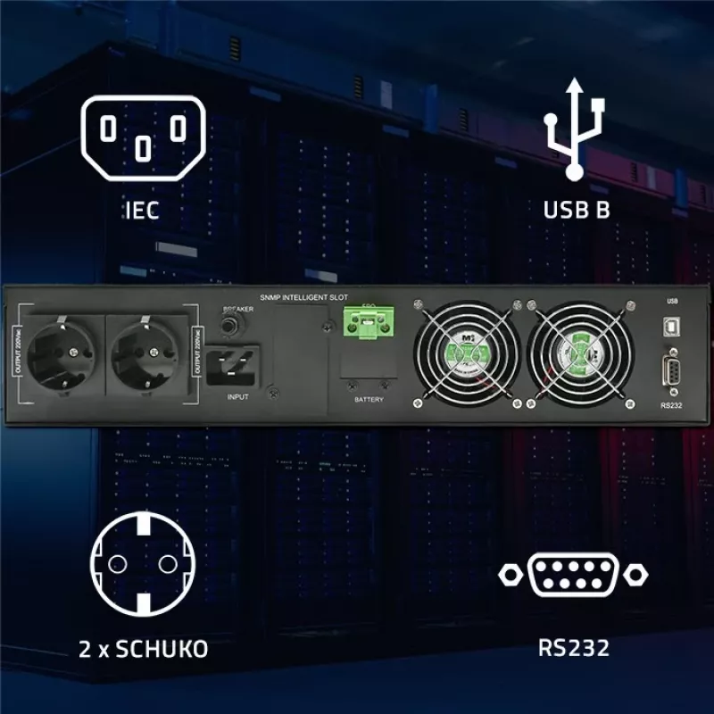 Qoltec UPS AWARYJNY DO RACK 3KVA 3000W vermogensfactor 1.0 LCD EPO USB on-LINE (3VA, 3000W, dubbelconversie online-UPS), UPS