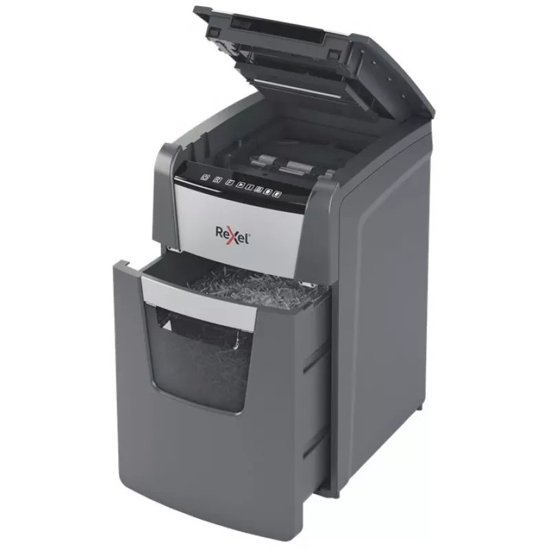 Rexel Optimum AutoFeed+ 130M papiervernietiger, microsnede 2 x 15 mm, P-5, 130 vel, opvangbak 44 l