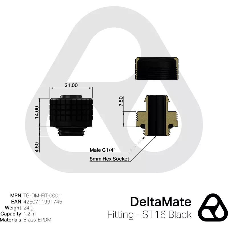 Thermal Grizzly DeltaMate ST16 Waterkoelingsfitting, Zwart