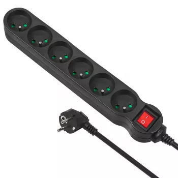 Verlengsnoer MACLEAN MCE225 — 1.5 m kabel, 6 Type F AC-stopcontacten, binnen, zwart