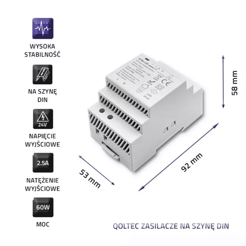 DIN-rail voeding QOLTEC 24V 2.5A 60W grijs