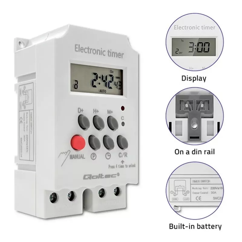 Elektronische DIN-rail tijdschakelaar QOLTEC PC0629 — 24V voeding, 16A uitgang