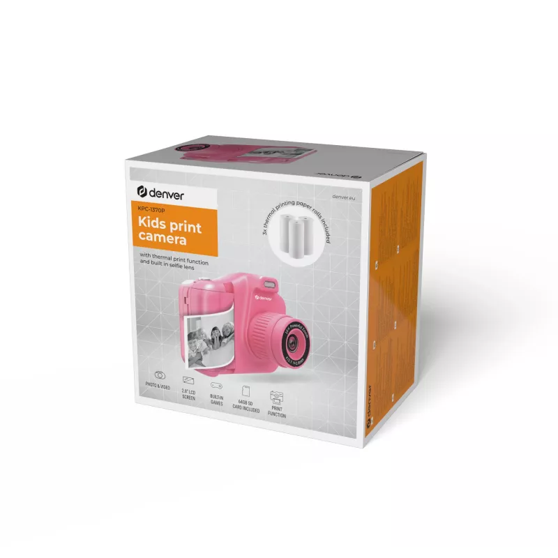 Denver KPC-1370P digitale kindercamera met thermische printer, 2,8 inch LCD, 48 MP, 1440p-video, roze
