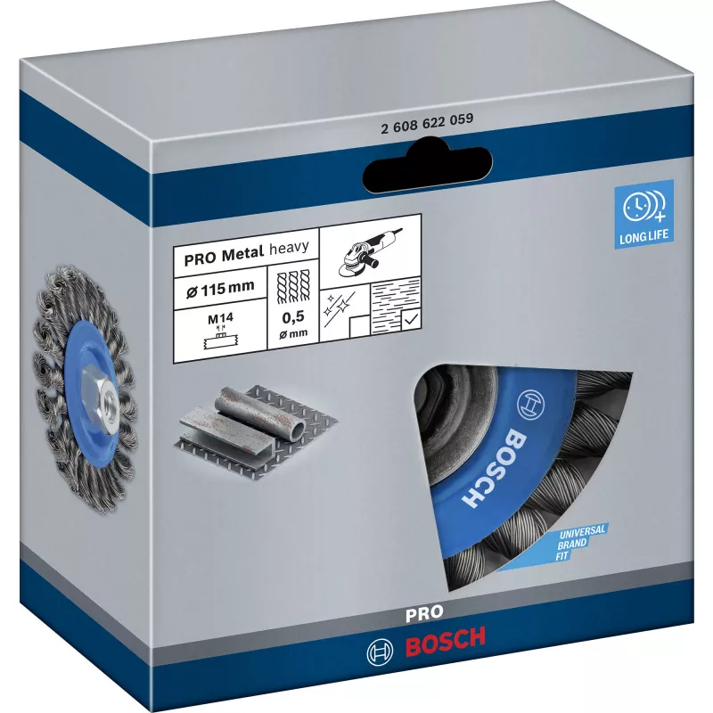 Bosch Heavy for Metal 2608622059 gevlochten staaldraad schijfborstel, Ø 115 mm, 0,5 mm staaldraad, M14, voor haakse slijpers