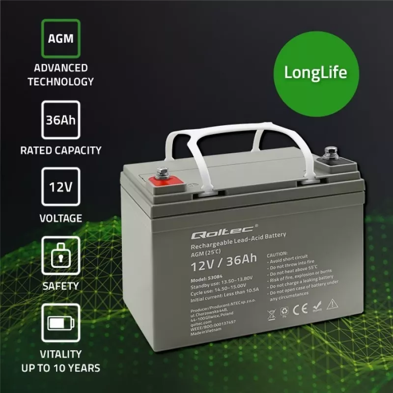 Verzegelde AGM-UPS-accu QOLTEC 53084 12V 36Ah LongLife