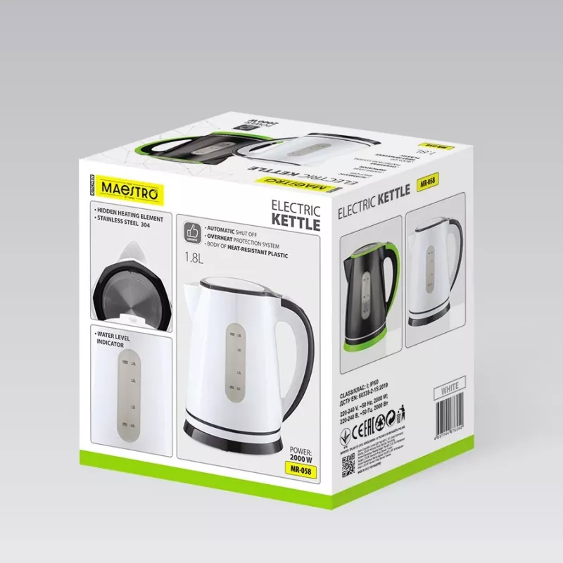 Elektrische waterkoker Maestro MR-058-WHITE 1,8 L, 2000 W, draadloos, uitneembaar filter
