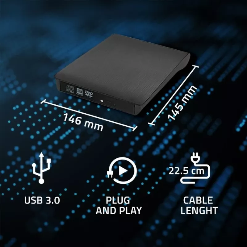 Externe DVD‑RW-drive QOLTEC 51857 — USB 3.0, SATA-interface, DVD±R 8x, DVD±RW 4x, DVD‑RAM 5x, CD 24x, zwart