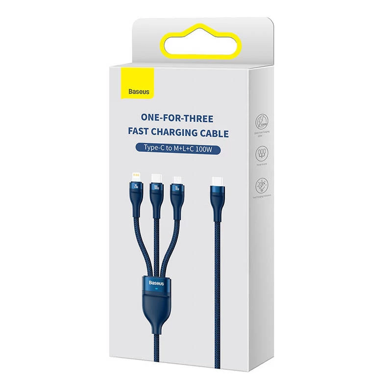 3in1 USB-kabel Baseus Flash Series 2, USB-C + Micro-USB + Lightning, 100 W, 1,5 m (blauw)