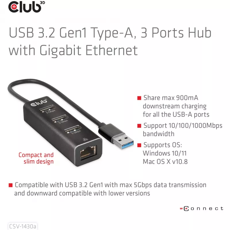 USB-hub CLUB3D USB 3.2 Gen1 Type-A met 3 aansluitingen en Gigabit-Ethernet