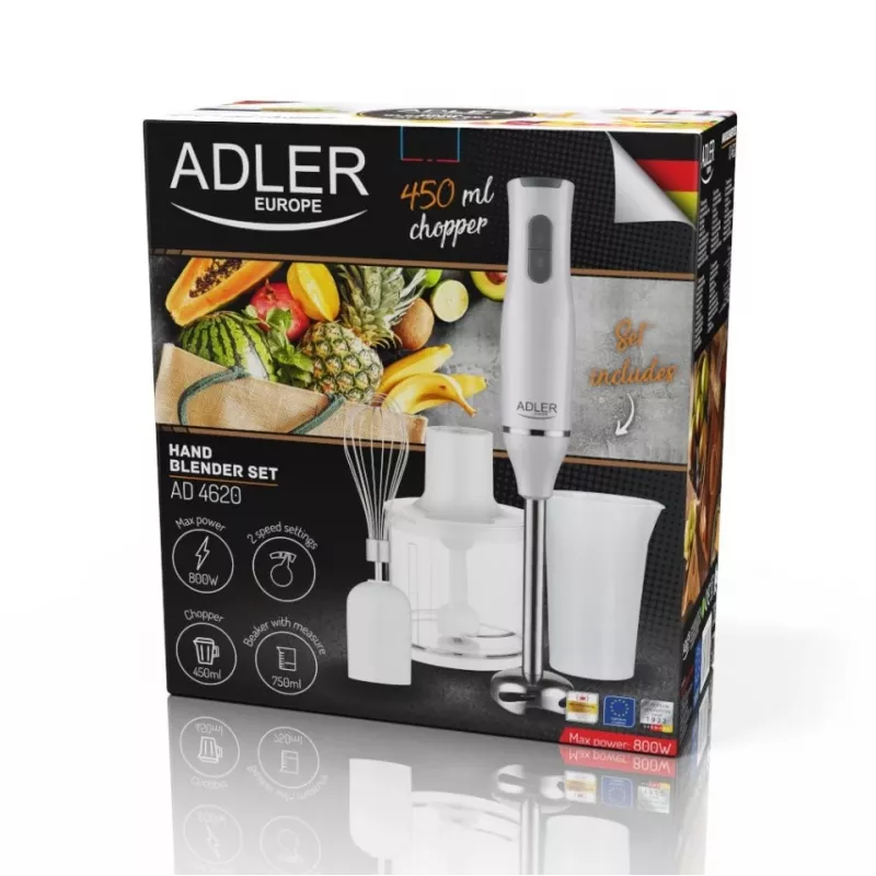 Adler AD 4620 staafmixerset, 800 W, 2 snelheden, 450 ml hakker, 750 ml maatbeker, garde, wit