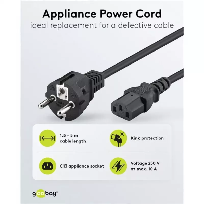 Goobay IEC-kabel 5 m zwart netstekker type F IEC C13 H05VV-F3G
