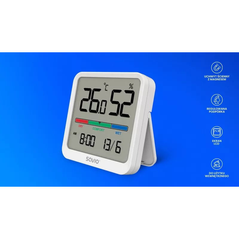 Binnenruimte temperatuur- en vochtigheidssensor SAVIO CT-01/W, LCD-display, -10–55 °C, 10–99 % rV, batterij CR2032