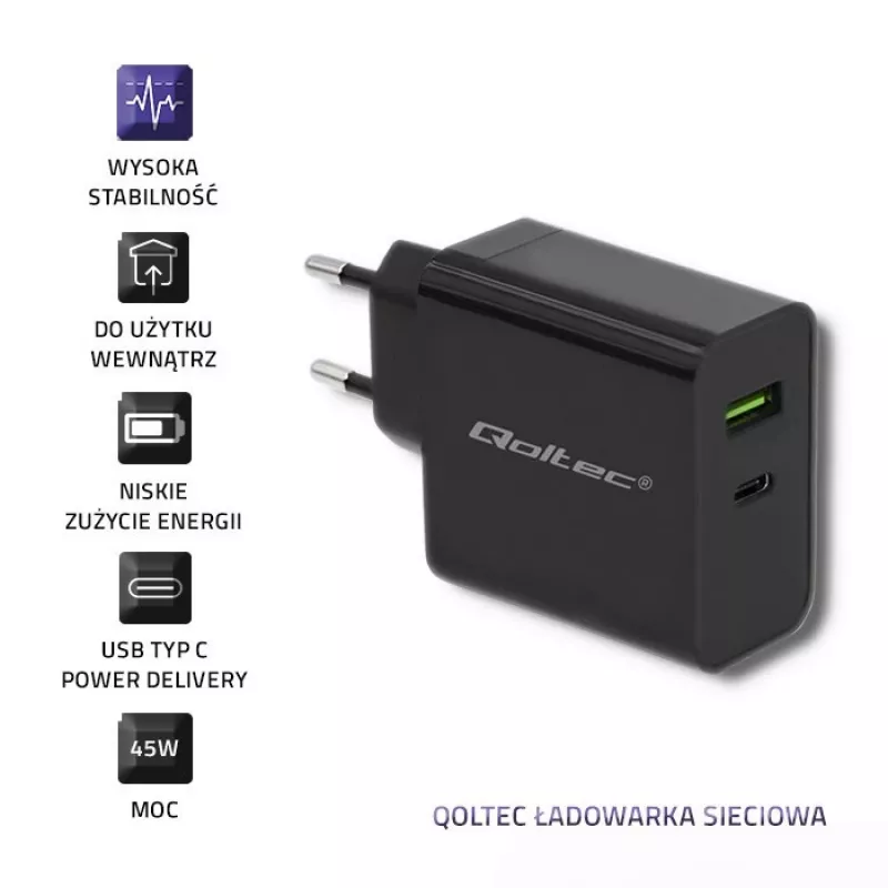 Voeding QOLTEC 51717 45W 20V 3A AC-oplader voor binnen voor smartwatch, zwart