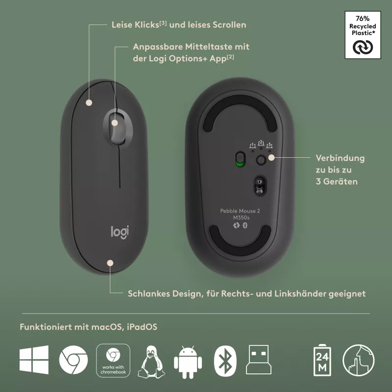 Logitech Pebble 2 Combo draadloos toetsenbord en muis QWERTZ Duits grafiet