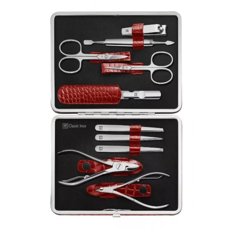 Zwilling Classic RVS manicureset – leren etui, 10-delig - rood