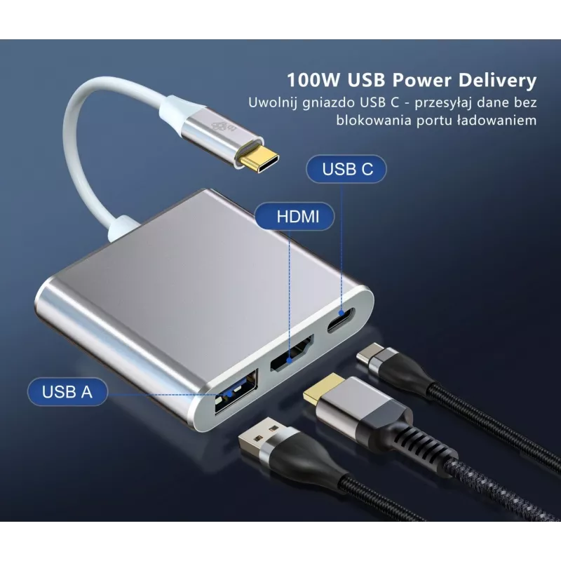 USB-C-adapter-hub TB AKTBXVAU3HMPDAV — 3-in-1: HDMI + USB-A + USB-C PD, zilver