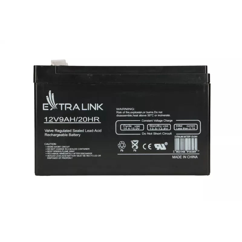 Verzegelde lood-zuur (VRLA) batterij 12V 9Ah Extralink – AGM, 1 stuk, zwart