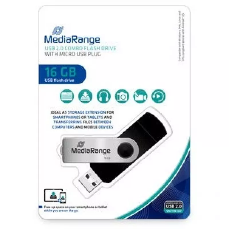 MEDIARANGE MR931-2 - 16 GB - USB Type-A / Micro-USB - 2.0 - 15 MB/s - draaibaar - zilver - zwart