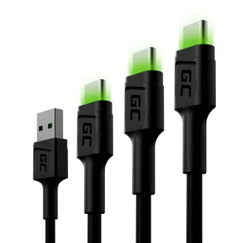 USB-C-kabelset Green Cell GC Ray — USB A naar USB C 3 lengtes (30 cm, 120 cm, 200 cm), USB PD, 480 Mbit/s, 2,4 A, zwart