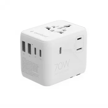 Reisadapter GEMBIRD TPA-2A3C70-01-W – stekkertype I, 3× USB-C (70 W), 2× USB-A (18 W), 100–250 V, wit