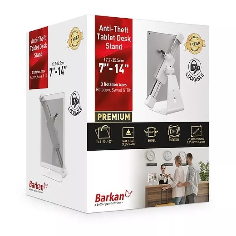 Barkan T71HL tablet-bureaustandaard met slot 7–14 inch, 360° draaibaar, wit