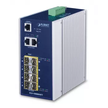 Managed netwerkswitch PLANET IGS-10080MFT — 2 x Gigabit RJ-45, 8 x SFP, 12–48V DC, managed, IP30