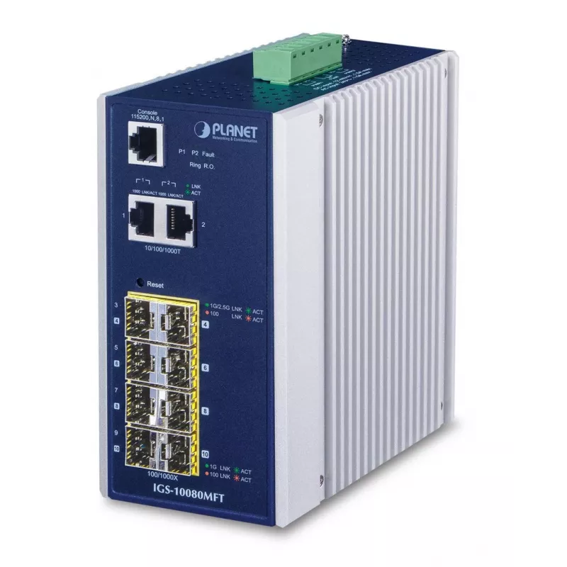 Managed netwerkswitch PLANET IGS-10080MFT — 2 x Gigabit RJ-45, 8 x SFP, 12–48V DC, managed, IP30