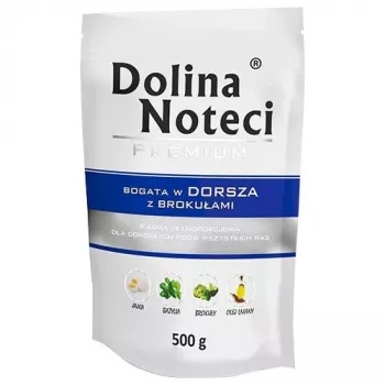 Nassfutter voor honden dolina noteci Premium rijk aan kabeljauw met broccoli 500 g – volledig voer voor volwassen honden