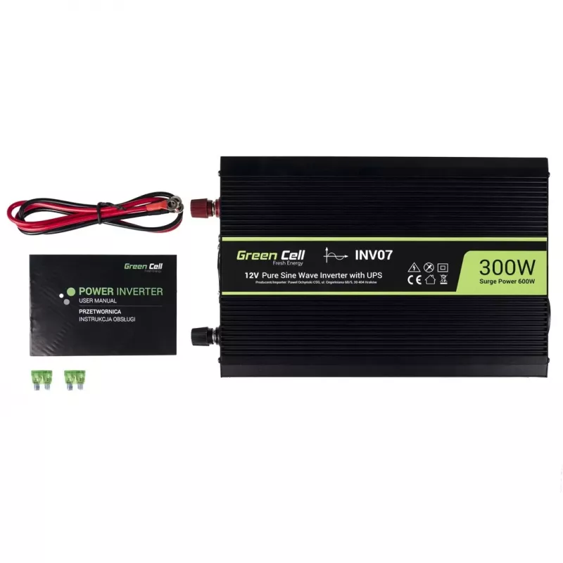 Spanningsomvormer Green Cell INV07, DC 12 V naar AC 230 V, 300 W, 50 Hz, Type-C-stekker, zwart