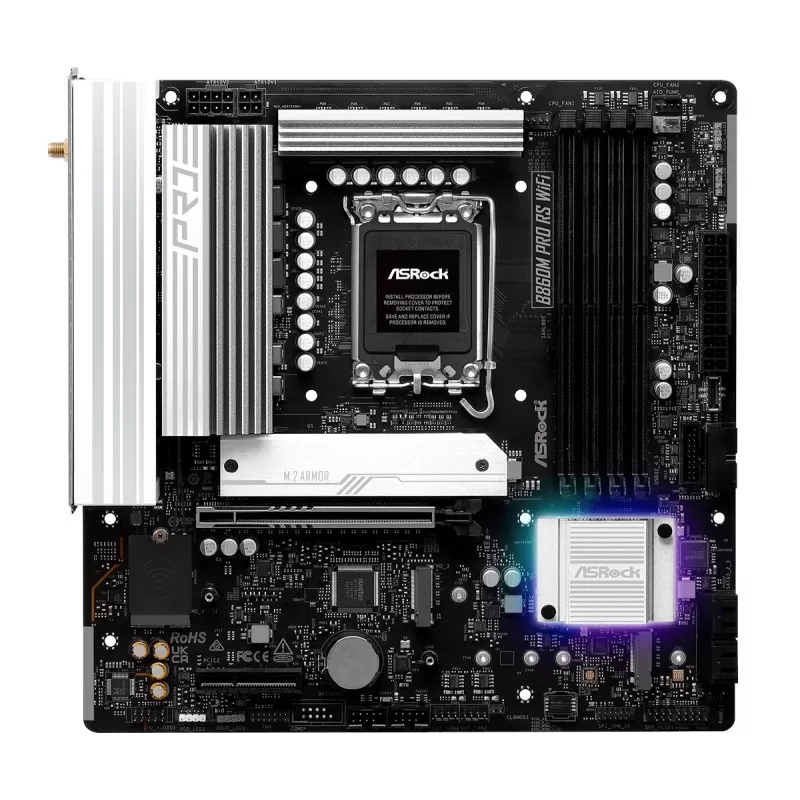 Moederbord ASRock B860M Pro RS WiFi — Intel B860, LGA 1851, micro ATX, DDR5, 4 DIMM, 3x M.2, 2.5Gb LAN, Wi‑Fi, Bluetooth