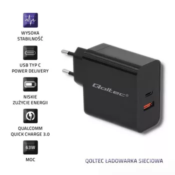 Qoltec 51716 wandlader 63 W, USB-C PD + USB QC 3.0, 5-20 V 1,5-3 A, zwart