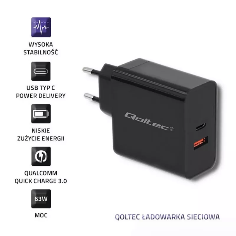 Qoltec 51716 wandlader 63 W, USB-C PD + USB QC 3.0, 5-20 V 1,5-3 A, zwart