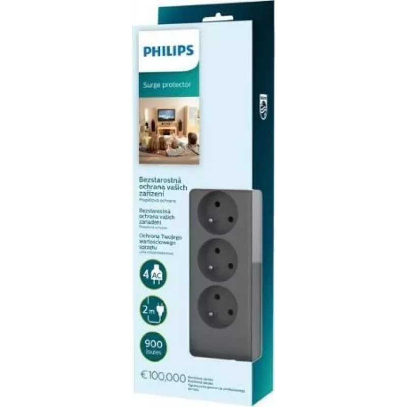 Philips SPN3140A/60 stekkerdoos met overspanningsbeveiliging, 4 contacten, 2 m