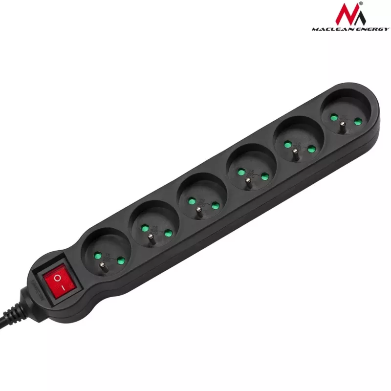 Verlengsnoer MACLEAN MCE225 — 1.5 m kabel, 6 Type F AC-stopcontacten, binnen, zwart