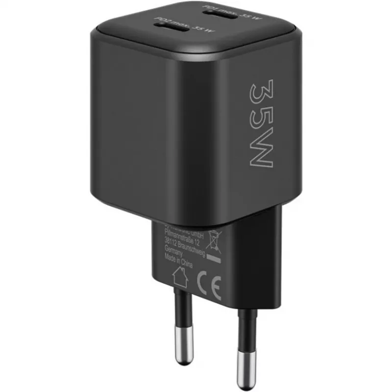 Wandlader GOOBAY 75333 — universele AC-USB-C-oplader voor binnen, 2x USB-C, 35 W, zwart