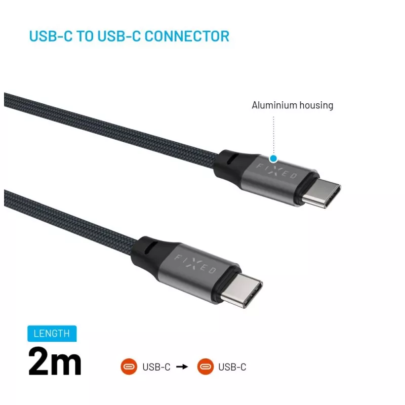 FIXED FIXDBM-CC2-GR magnetische gevlochten USB-C naar USB-C kabel, USB 2.0, gevlochten mantel, vaste lengte, grijs