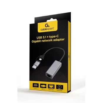 USB 3.1 Type-C gigabit-netwerkadapter Gembird A-USB3AC-LAN-01 — 1× RJ-45, 1000 Mbit/s, USB 3.2 Gen 1, metalen behuizing, grijs