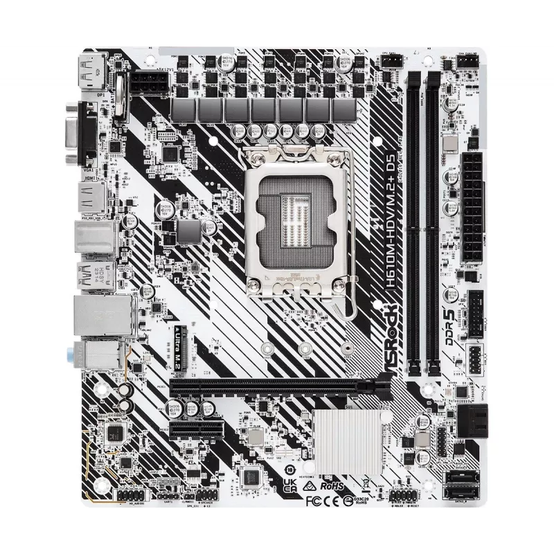 ASRock H610M-HDV/M.2+ D5 moederbord, Intel H610, LGA 1700, Micro-ATX, 2x DDR5 DIMM (max. 96 GB), PCIe 4.0 x16, 1x M.2, 4x SATA III, HDMI, DisplayPort, VGA, USB-C 3.2 Gen 1, Gigabit LAN