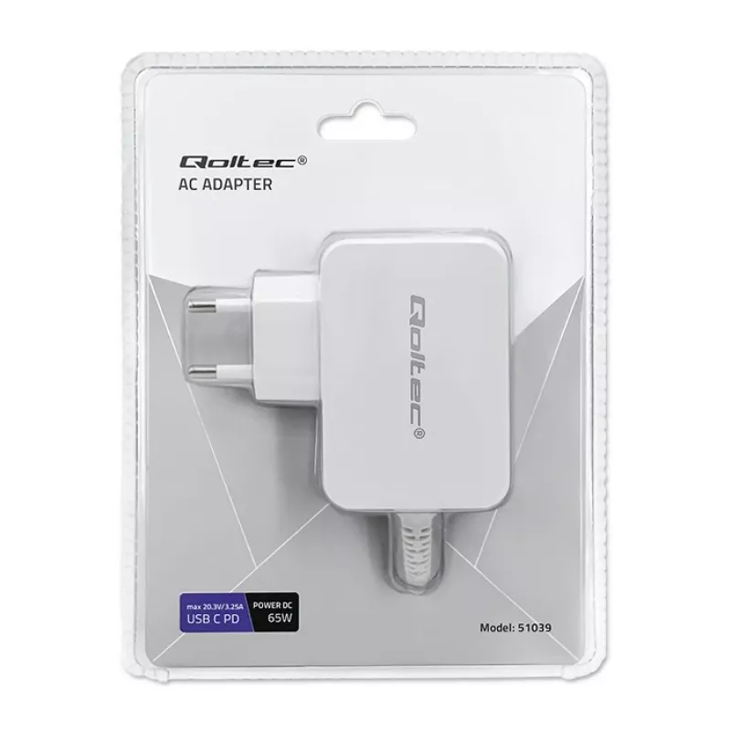 Qoltec 51039 65 W USB-C PD-voedingsadapter, 5–20,3 V, 2–3,25 A, ingebouwde USB-C-kabel, wit