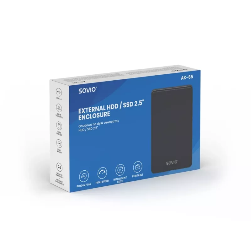 Harddisk-/SSD-behuizing SAVIO AK-65 zwart 2,5 inch SATA USB 3.0 5 Gbit/s Micro-USB