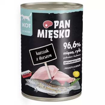 Nattenvoer voor katten Pan Mięsko kip met kabeljauw 400 g – adult, graanvrij, voor allergische katten