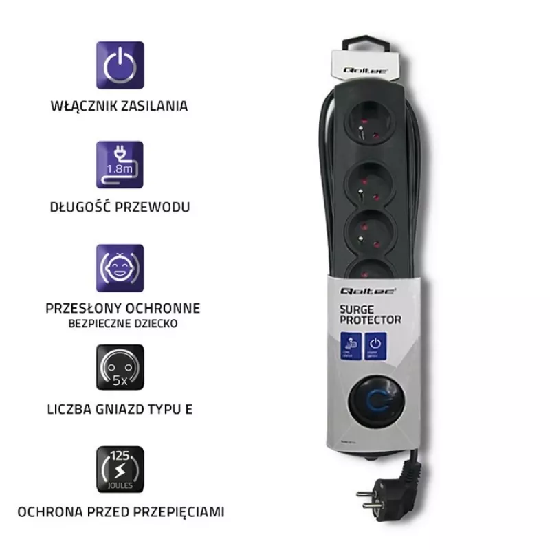 Overspanningsbeveiliging Qoltec 50269 zwart 5 AC-stopcontacten 230V