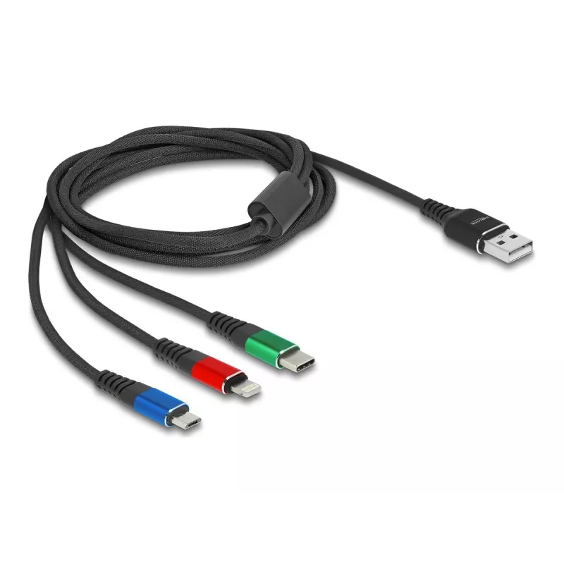 DeLOCK 90156 USB-oplaadkabel 3-in-1, Type-A naar Lightning / Micro USB / USB Type-C, 2 m, meerkleurig