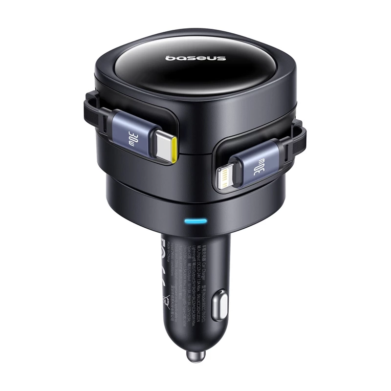 Autolader Baseus Enjoyment Max 60W met USB-C- en Lightning-kabels, dual-port snelladen